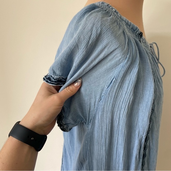 Muche et Muchette Blue Rayon Embroidered Short Sleeve Tie Neck Romper One Size - Picture 11 of 12